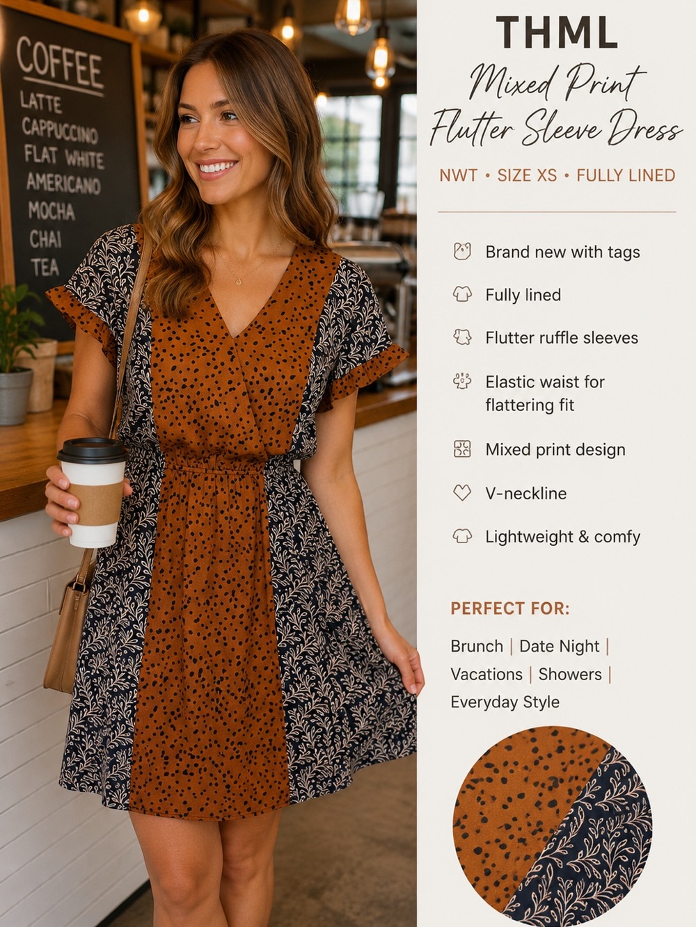 NEW THML Mixed Print Flutter Sleeve Dress NWT XS Fully Lined Boutique Style Boho